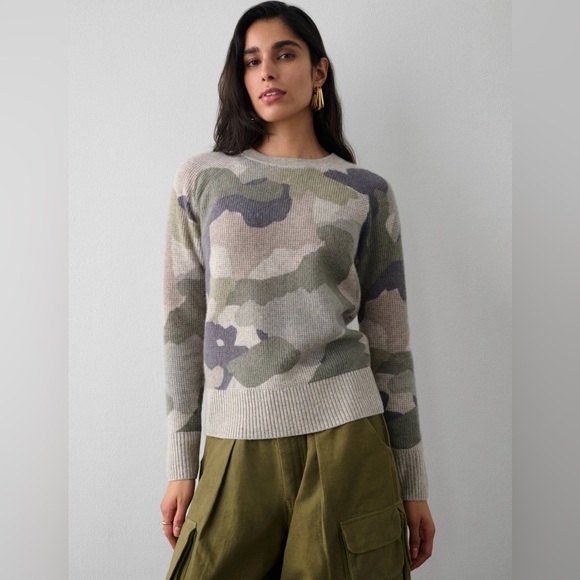 WHITE + WARREN Cashmere Waffle Sweatshirt Khaki Green/Gray Size Medium - Picture 1 of 15